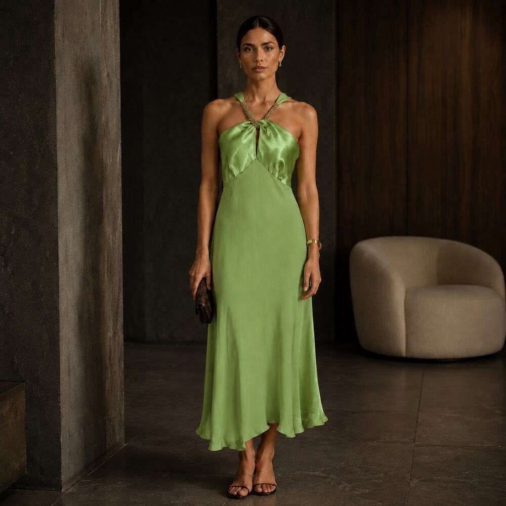 Y2K Donna Ricco Chartreuse Silk Beaded Halter Dress Sz 4